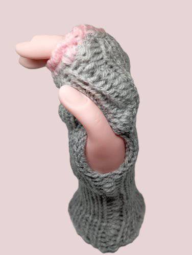 Mitaines De FeniCrochet en Tricot Gris et Rose Fait Main - FeniCrochet