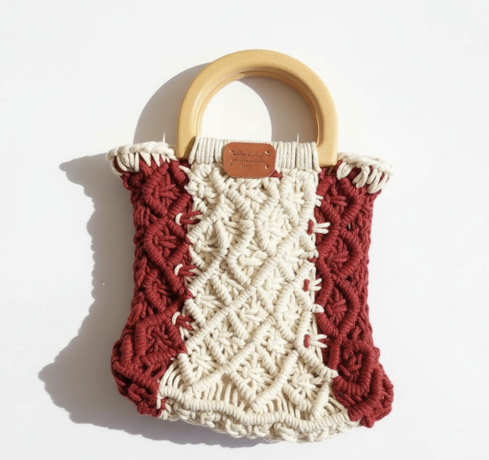 Sac à main « Brique Ivoire » en macramé – FeniCrochet 1 Sac à main en macramé rouge