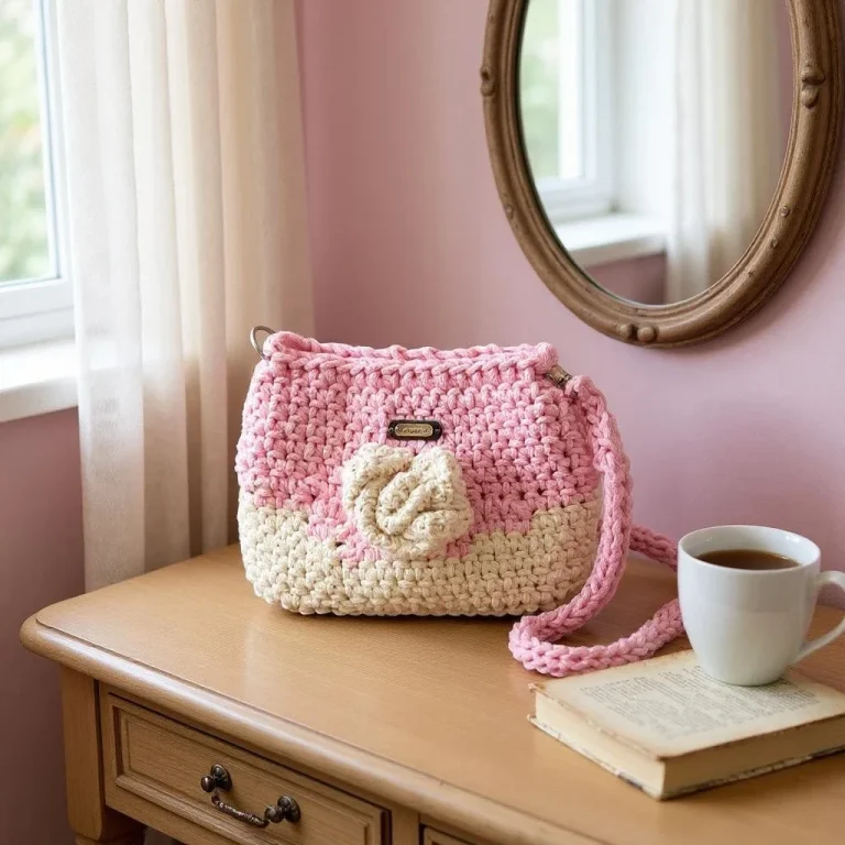 Sac à main tricoté rose et crème avec une fleur, posé sur un meuble près d'une fenêtre.