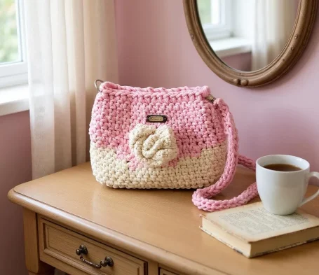 Main dans une tasse de thé sur un tapis coloré avec un pot de plante. FeniCrochet