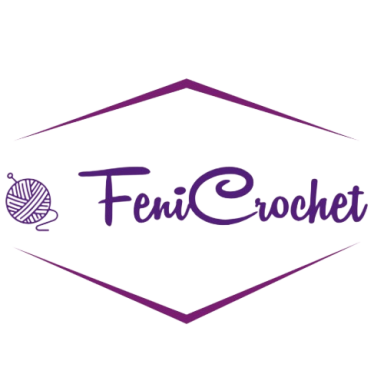 Logo violet de FeniCrochet avec pelote de laine et slogan 'L’art du crochet' sur fond parme."