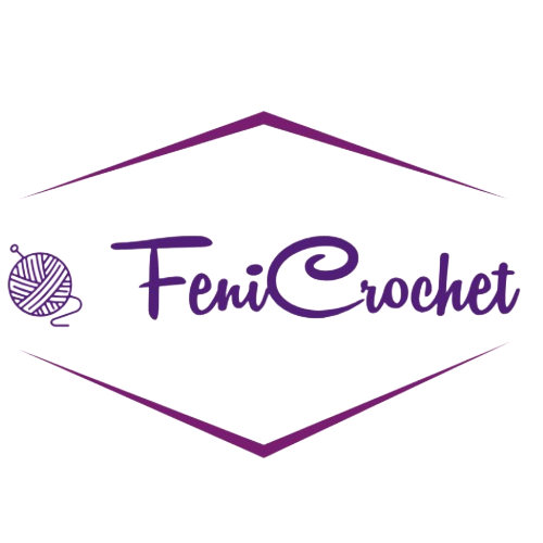 Logo violet de FeniCrochet avec pelote de laine et slogan 'L’art du crochet' sur fond parme."