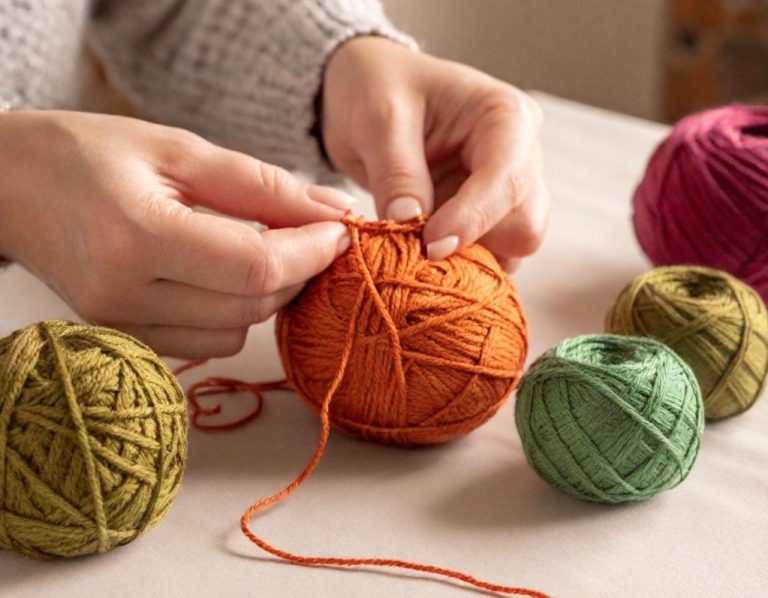 Avev FeniCrochet , Créez votre propre pièce Main dans un fil orange, entourée de pelotes de laine colorées sur une table.