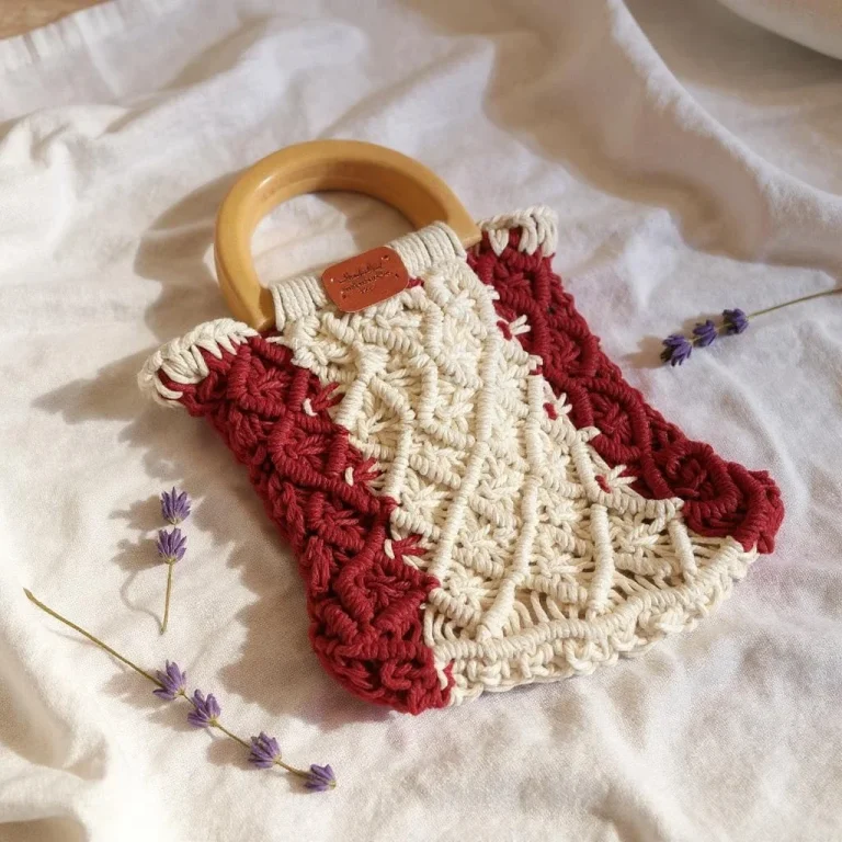 Sac en macramé rouge et beige Fenicrochet avec anses en bois, décoré de fleurs séchées.