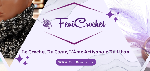 Les créations en crochet et macramé de FeniCrochet Élément graphique avec un logo de FaitCrochet et un slogan artistique.